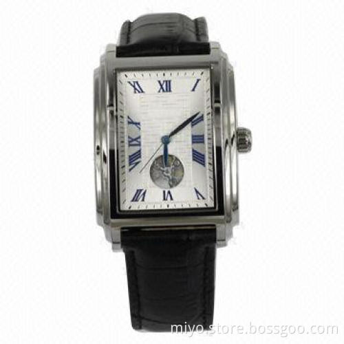 Men's Style Skeleton Automatic Watch in Stainless Steel Case, Genuine Leather Strap, 3ATM WRC